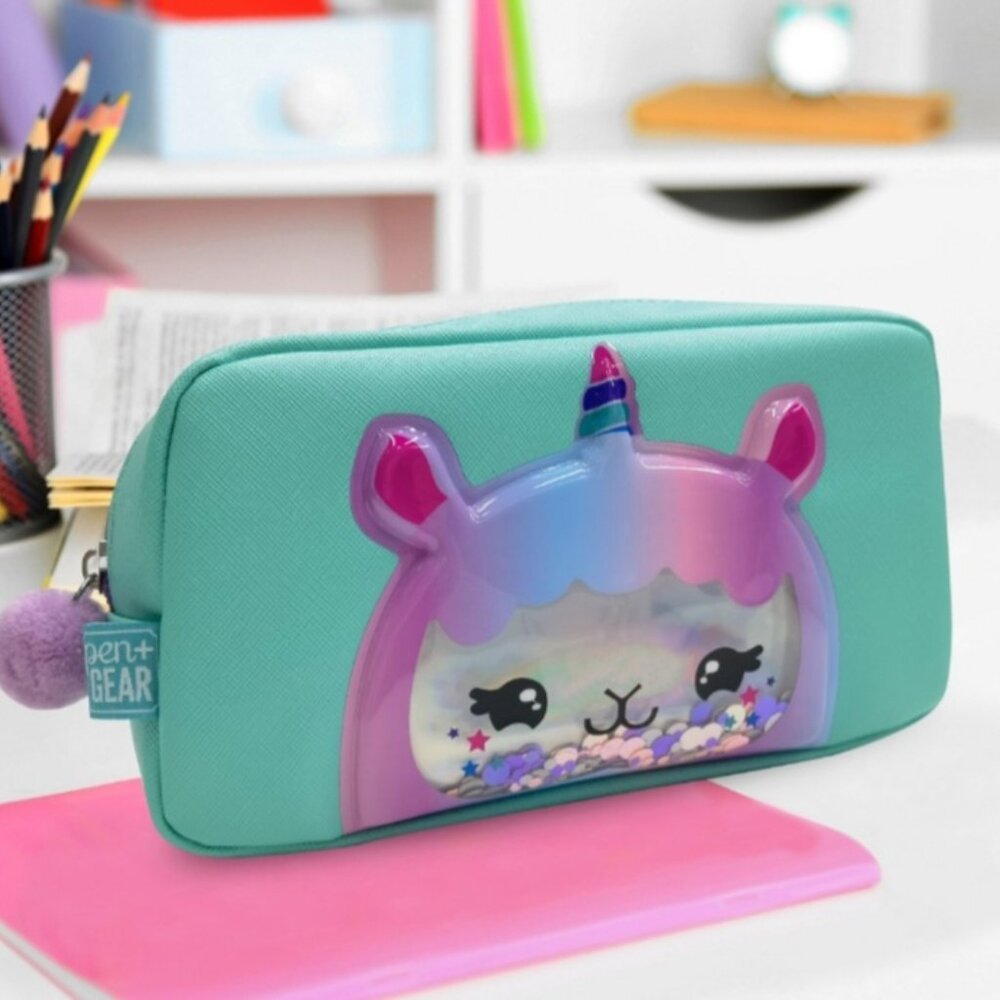 PEN+GEAR Green Cute Alpaca Pattern Shake Sequins Pencil Pouch
